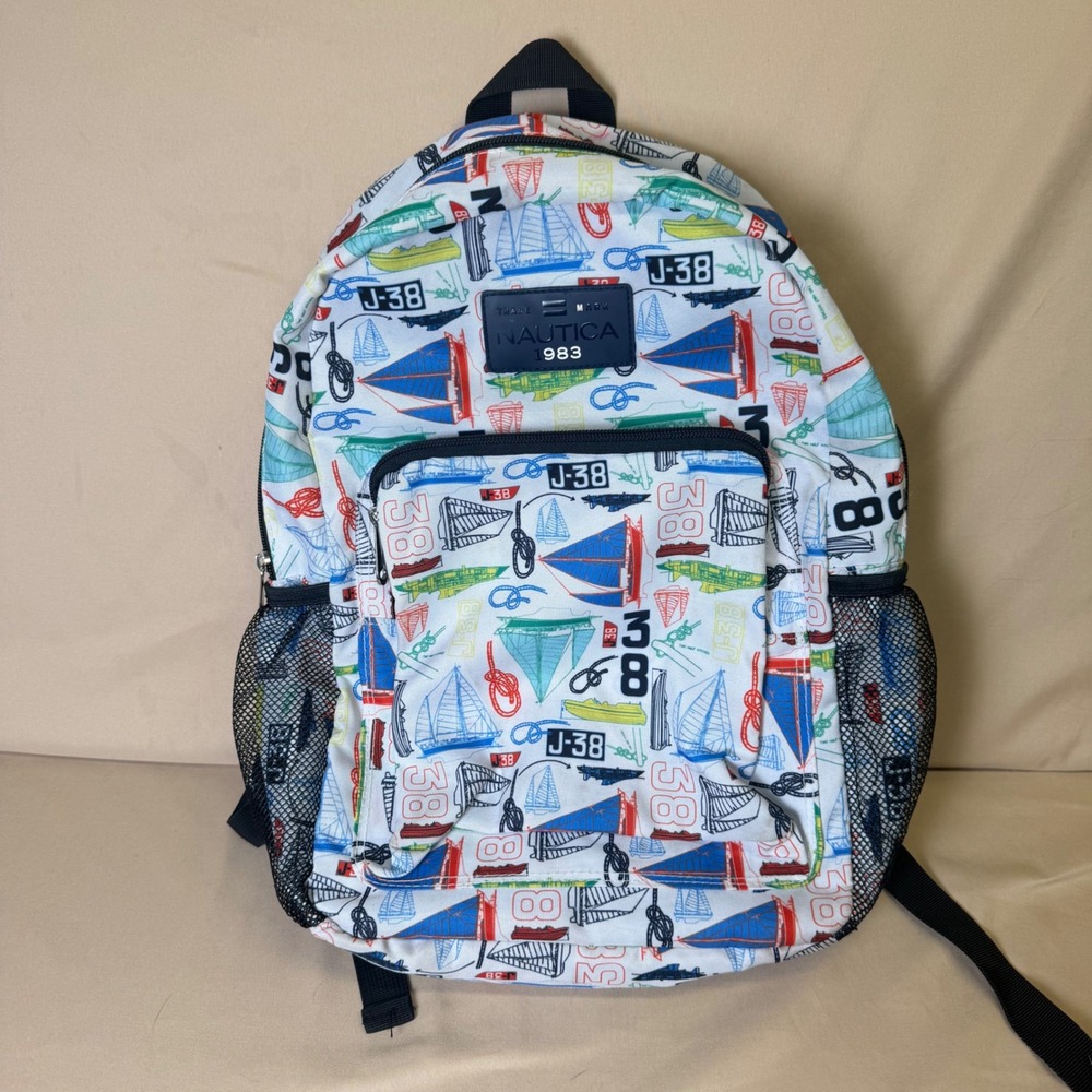 Nautica 1983 Sailboat Print Backpack White Blue Red Nautical School Travel Bag